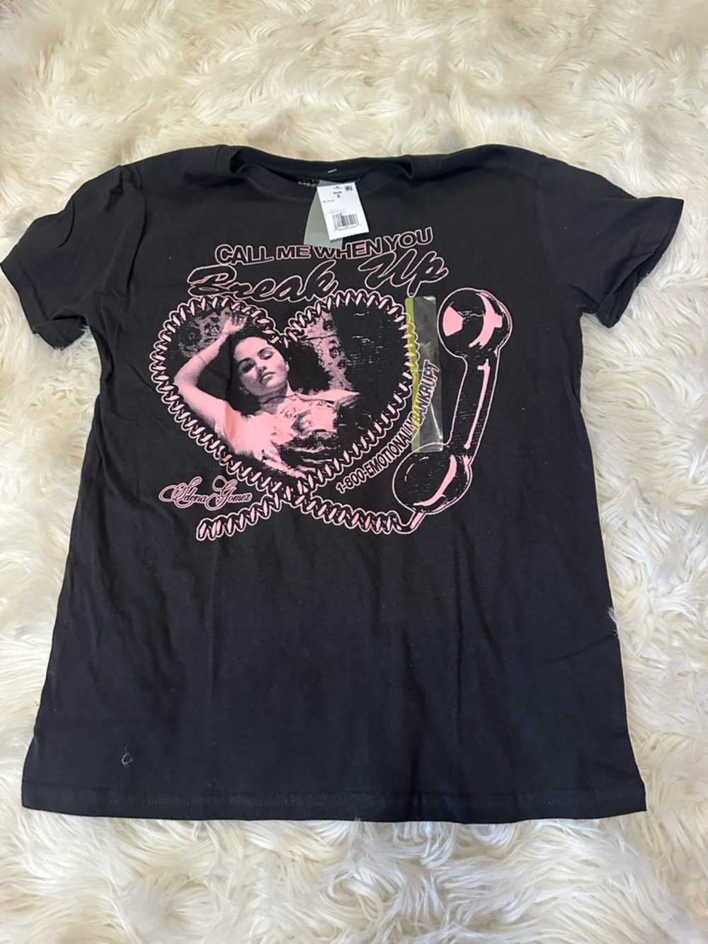 Selena Gomez Black Short Sleeve Graphic Tee with Pink Print